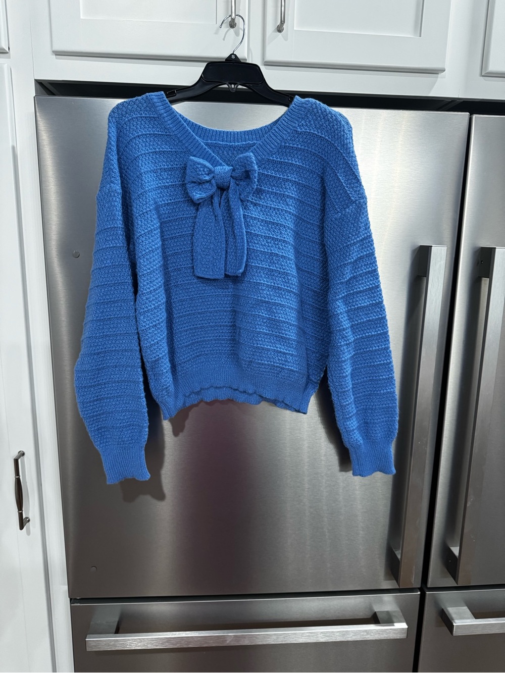 SHEIN Blue Bow-Front Knit Crewneck Sweater